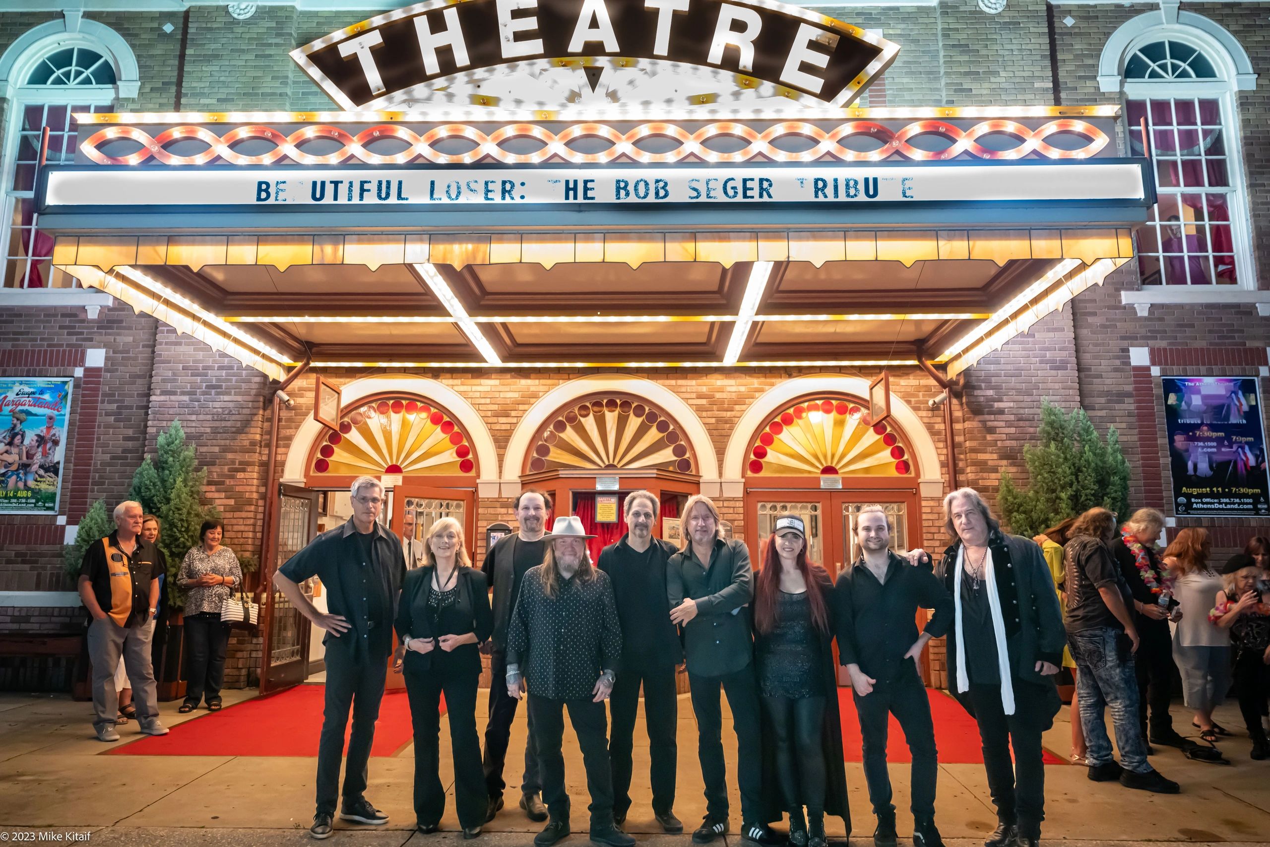 Vintage art deco theater marquee at night for Beautiful Loser concert